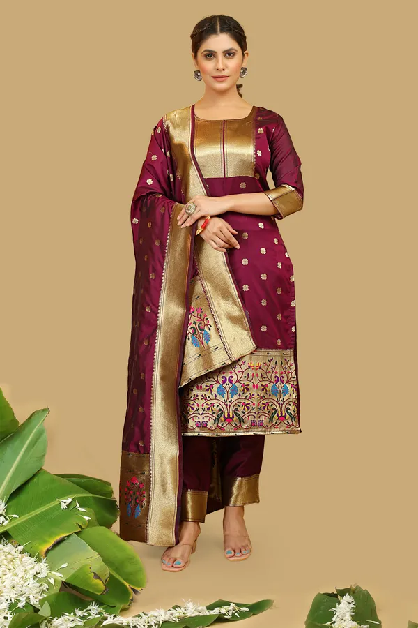 Wine_Colour_Paithani_Suit_Unstitched_Fabric_With_Dupatta